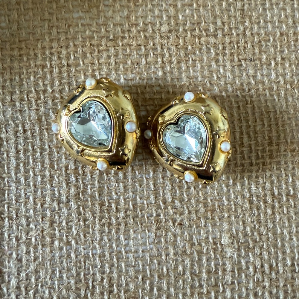 Vintage Trifari Clip on Gold Heart Earrings with Stars and Pearls